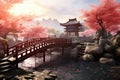 Chinese zen garden with cherry blossom trees and bridge, 3d render, AI Generated Royalty Free Stock Photo