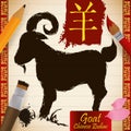 Chinese Zodiac Animal: Goat with Pencil, Brushes and Petals, Vector Illustration