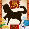 Chinese Zodiac Animal: Horse with Stamps, Globe, Tickets and Petals, Vector Illustration Royalty Free Stock Photo