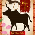 Chinese Zodiac Animal: Ox in Brushstrokes, Petals, Grass and Yoke, Vector Illustration