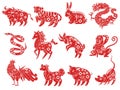 Chinese Zodiac animals. Astrological signs, traditional oriental Asian style horoscope, twelve animal red silhouettes Royalty Free Stock Photo