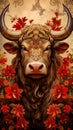 Chinese zodiac bull sign with red flowers generative AI