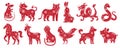 Chinese Zodiac New Year signs. Traditional china horoscope animals, red zodiacs silhouette vector illustration set Royalty Free Stock Photo