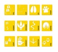 Chinese zodiac signs icons set on on a yellow square background. Paw prints marks , footprints of rat, mouse, snake, dragon, pig, Royalty Free Stock Photo