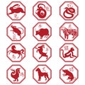 12 Chinese zodiac signs: rat, ox, tiger, rabbit, dragon, snake, horse, sheep, monkey, rooster, dog and pig