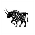 Chinese zodiac symbol of the year of the bull. Black bull with white ornament.