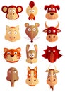 Chinese zodiac symbols as cartoon animals Royalty Free Stock Photo