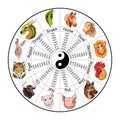 Chinese zodiac wheel with Twelve animals and animal names, yin yang, doodle Royalty Free Stock Photo