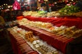 Chinesse street food on stick bar at night city streets