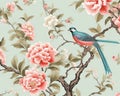 Chinoiserie blossom with birds wallpaper seamless pattern.