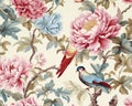 Chinoiserie blossom with birds wallpaper seamless pattern.