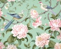 Chinoiserie blossom with birds wallpaper seamless pattern.