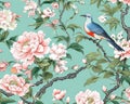 Chinoiserie blossom with birds wallpaper seamless pattern.