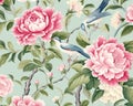 Chinoiserie blossom with birds wallpaper seamless pattern.