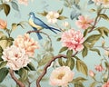 Chinoiserie blossom with birds wallpaper seamless pattern.