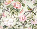 Chinoiserie blossom with birds wallpaper seamless pattern.