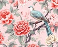Chinoiserie blossom with birds wallpaper seamless pattern.
