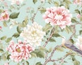 Chinoiserie blossom with birds wallpaper seamless pattern.