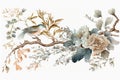 Chinoiserie Floral Branch in Soft Watercolor. Perfect for Invitations and Scrapbooking.