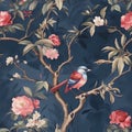 chinoiserie peony blossom with birds wallpaper seamless pattern