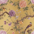 chinoiserie peony blossom with birds wallpaper seamless pattern