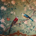 chinoiserie peony blossom with birds wallpaper seamless pattern