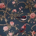 chinoiserie peony blossom with birds wallpaper seamless pattern