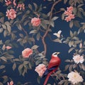 chinoiserie peony blossom with birds wallpaper seamless pattern