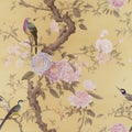 chinoiserie peony blossom with birds wallpaper seamless pattern