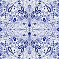 Chinoiserie seamless pattern background. Blue and white repeating tile with folk art flowers, leaves, hearts and birds. Use for Royalty Free Stock Photo