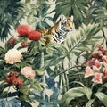 chinoiserie wallpaper art with tropical forest, tiger and fancy botanical, watercolor, French toile pattern