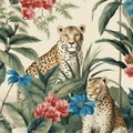 chinoiserie wallpaper art with tropical forest, tiger and fancy botanical, watercolor, French toile pattern