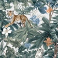 chinoiserie wallpaper art with tropical forest, tiger and fancy botanical, watercolor, French toile pattern