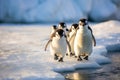 Chinstrap penguins on the ice floe in the Antarctica, A family of penguins waddling over an icy terrain, AI Generated