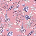 Chintz seamless pattern with flowers and leaves. Vector.