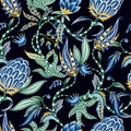 Chintz seamless pattern with flowers and leaves. Vector.