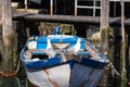 Chioggia - Old and weathered boat with two seagulls perched on its deck, sitting on water Royalty Free Stock Photo