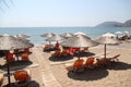 Chios Island, beach with sunbeds in Greece