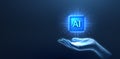 Chip with AI letters in hand. AI technology, robot core, electric line