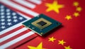 Chip on the flags of the United States and China, symbolizing technology competition Royalty Free Stock Photo