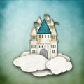 Fairytale castle on clouds with blue background