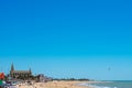 Chipiona beach in the province of Cadiz. In the background: Sanctuary of the Virgin of Regla de Chipiona, Cadiz. Andalusia. Spain. Royalty Free Stock Photo