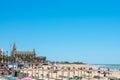 Chipiona beach in the province of Cadiz. In the background: Sanctuary of the Virgin of Regla de Chipiona, Cadiz. Andalusia. Spain. Royalty Free Stock Photo