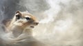 A chipmunk emerges from light brown smoke, its tiny form framed by the haze, cute and charming