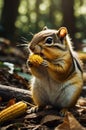 Cute Chipmunk Enjoying a Delicious Corn Cob in the Autumn Forest Royalty Free Stock Photo
