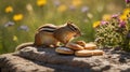 Cute Chipmunk Enjoying Cookies Amidst Wildflowers in a Sunny Field Scene Royalty Free Stock Photo