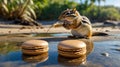 Adorable Chipmunk Discovering Delicious Macarons on a Sandy Beach in the Sunshine Royalty Free Stock Photo