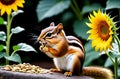 A chipmunk gnaws sunflower seeds against the backdrop of a sunflower.