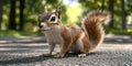 Chipmunk on Paved Path: Fluffy Tail and Curious Eyes, Forest Background and Natural Light, a Cute and Wild Creature Royalty Free Stock Photo
