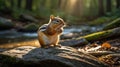 Eastern Chipmunk Enjoying a Snack on a Sunny Rock near a Forest Stream Royalty Free Stock Photo